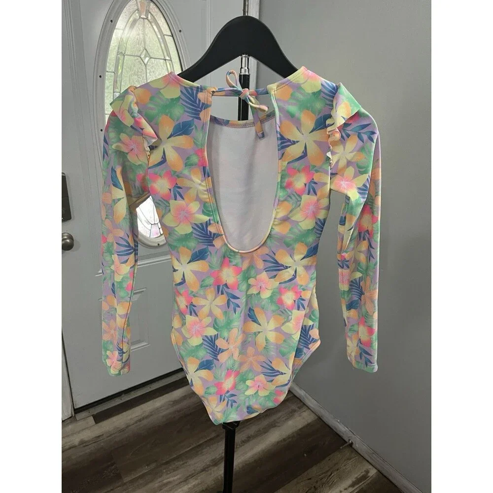 Target Girls Long Sleeve One-Piece Swimsuit Floral Tropical Multicolor Size L